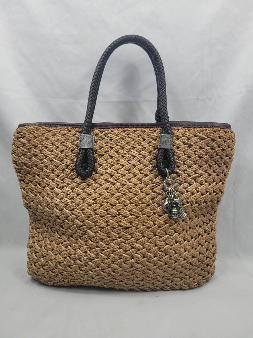 Brighton Vintage Straw Weave Brown Braided Strap Purse Bag Cheetah Interior